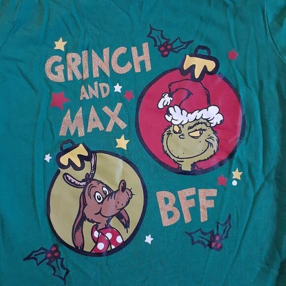Dr. Suess Girl's Size 6X Grinch & Max BFF Gold Glitter Print Green T-Shirt - Picture 3 of 6